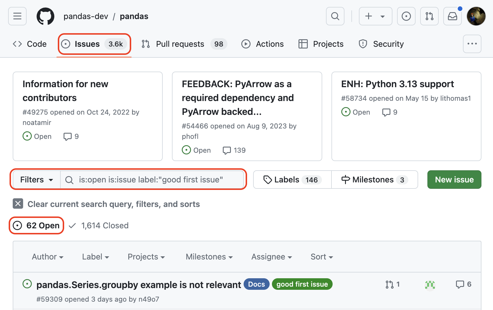 issues labeled "good first issue" in the pandas GitHub repository